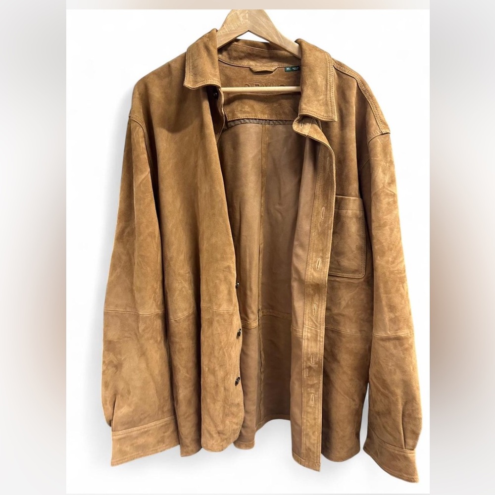 Orvis men’s genuine leather brown tan coat jacket button down XL